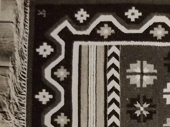 The corner of a flatweave: fringe, a stepped guard stripe, the main border and the edge of the field